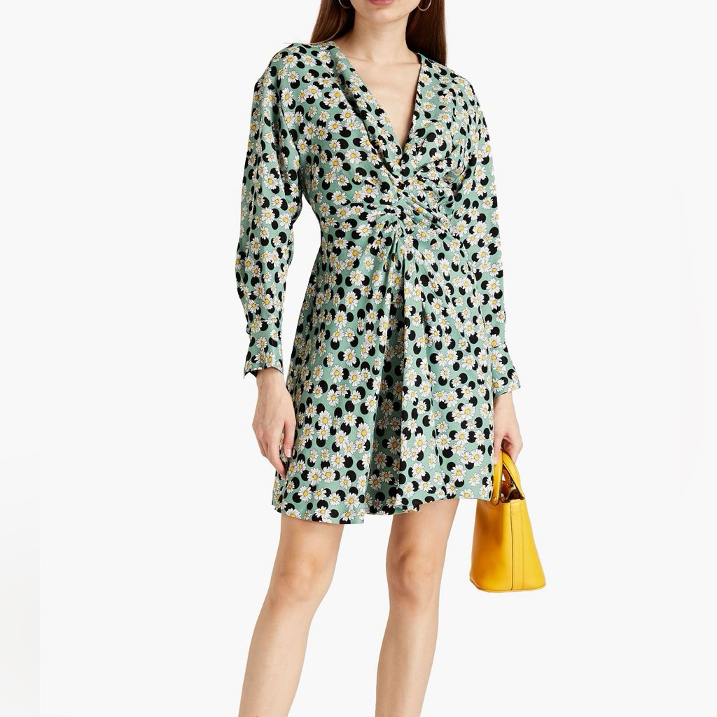 Sandro Ruched Green & Black Polka Dot Floral Linenblend Mini Dress - Size 2/Sml